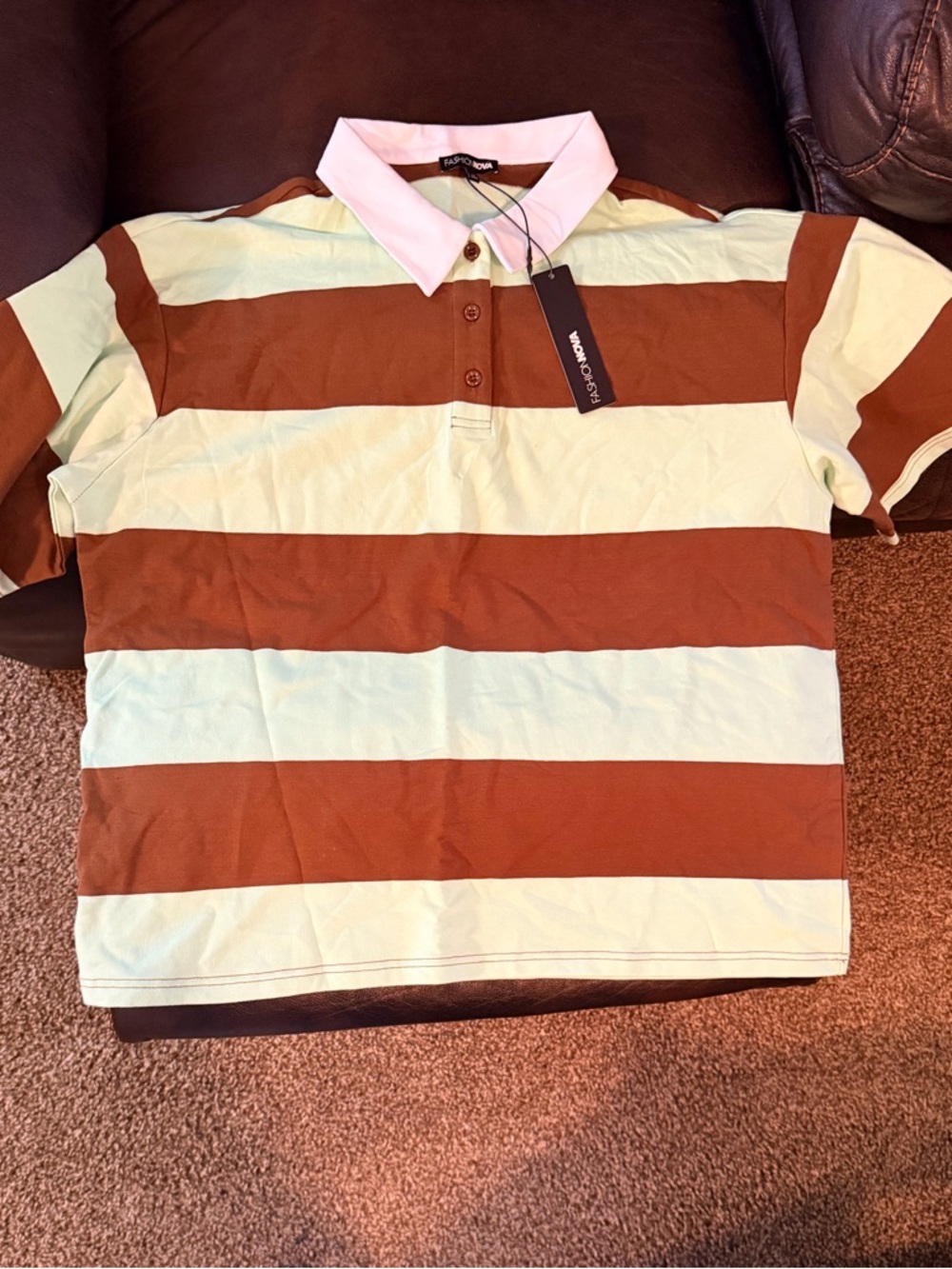 Fashion Nova Women Wide Stripe Polo in Brown & Mint with Collar